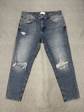 ASOS Design Men’s Distressed Jeans W34 L25.5 Blue Denim Ripped Knee Relaxed Fit